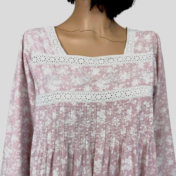 Victorian Cotton Nightgown Prairie Dress M Pintuck Eyelet Lace Peasant Cozycore - Picture 9 of 11